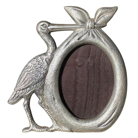 Stork Pewter Heavy Photo Picture Frame Baby Shower Decor Vintage Peltro Italy - Picture 1 of 10